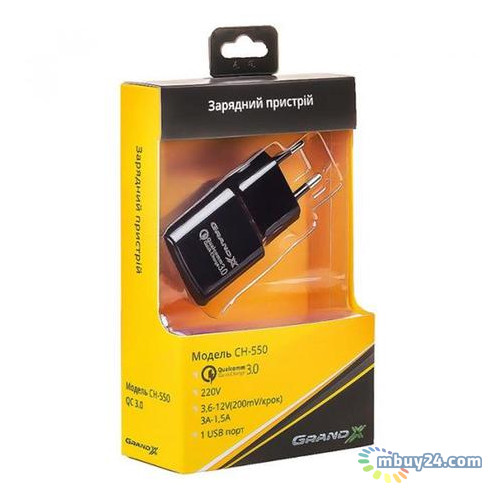 Сетевое зарядное устройство Grand-X QC3.0 (1xUSB 3.6В-12В/1.5А-3А) Black (CH-550TC) + кабель USB-TypeC фото №4
