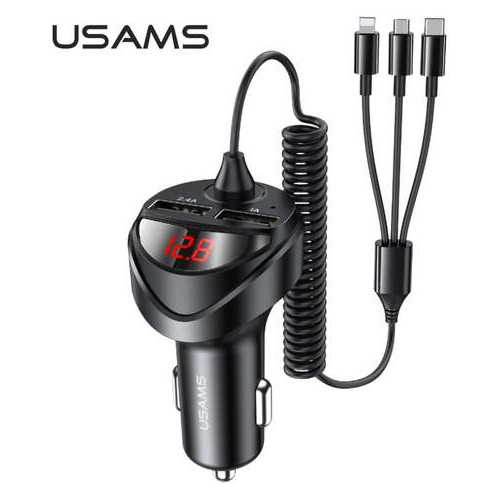 Автомобільні зарядні Usams US-CC119 C22 2USB/3.4A 3in1 combo кабель Чорний фото №1