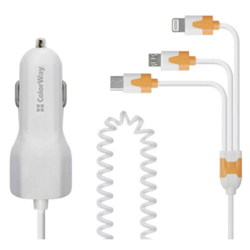 Автомобильное зарядное устройство Colorway 3в1 (MicroUSB+Type-C+Lightning) 1USB 3.1A белое (CW-CHA006-WT фото №4
