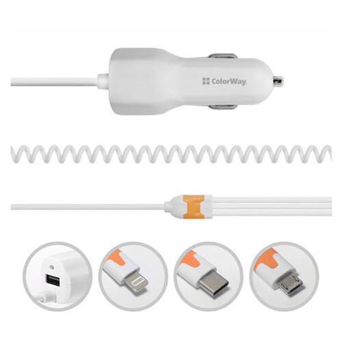 Автомобильное зарядное устройство Colorway 3в1 (MicroUSB+Type-C+Lightning) 1USB 3.1A белое (CW-CHA006-WT фото №2