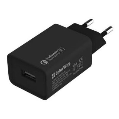 Зарядний пристрій ColorWay 1USB Quick Charge 3.0 (18W) black (CW-CHS013Q-BK) фото №1